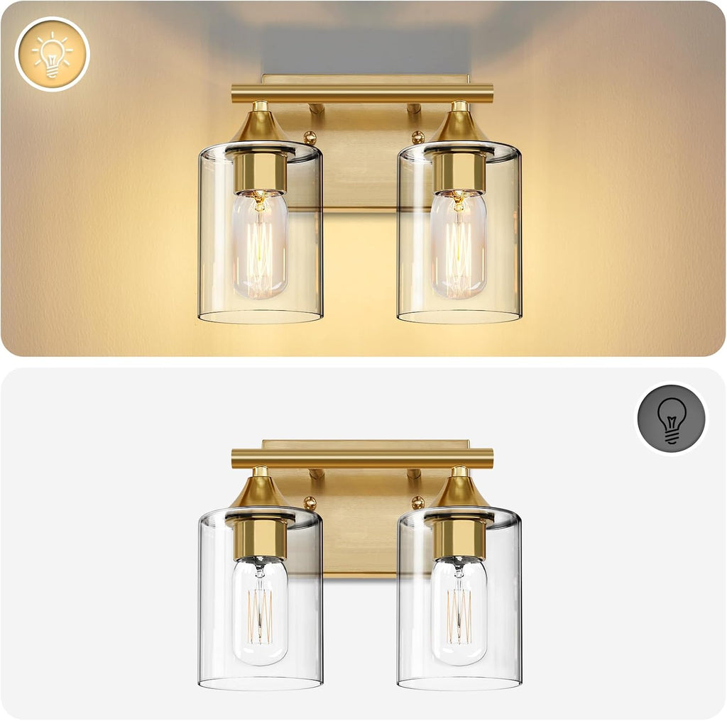 Gold Vanity Lights ,2-Light Bathroom Light Fixtures,Brushed Brass Gold Wall Sconce Lighting,Modern Wall Lamp for