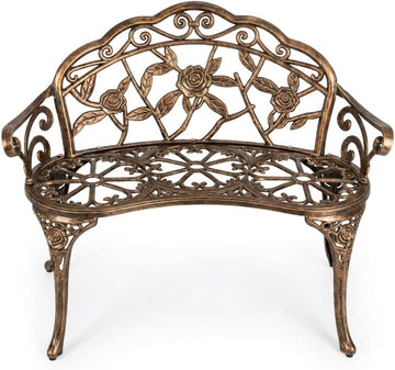 Cast Aluminum Garden Bench, Patio Bench Bronze | Antique Floral; Durable Weather Resistant Finish; Elegant Rose