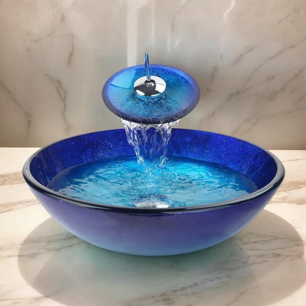 Blue Countertop Bathroom Vessel Sink with Waterfall Faucet