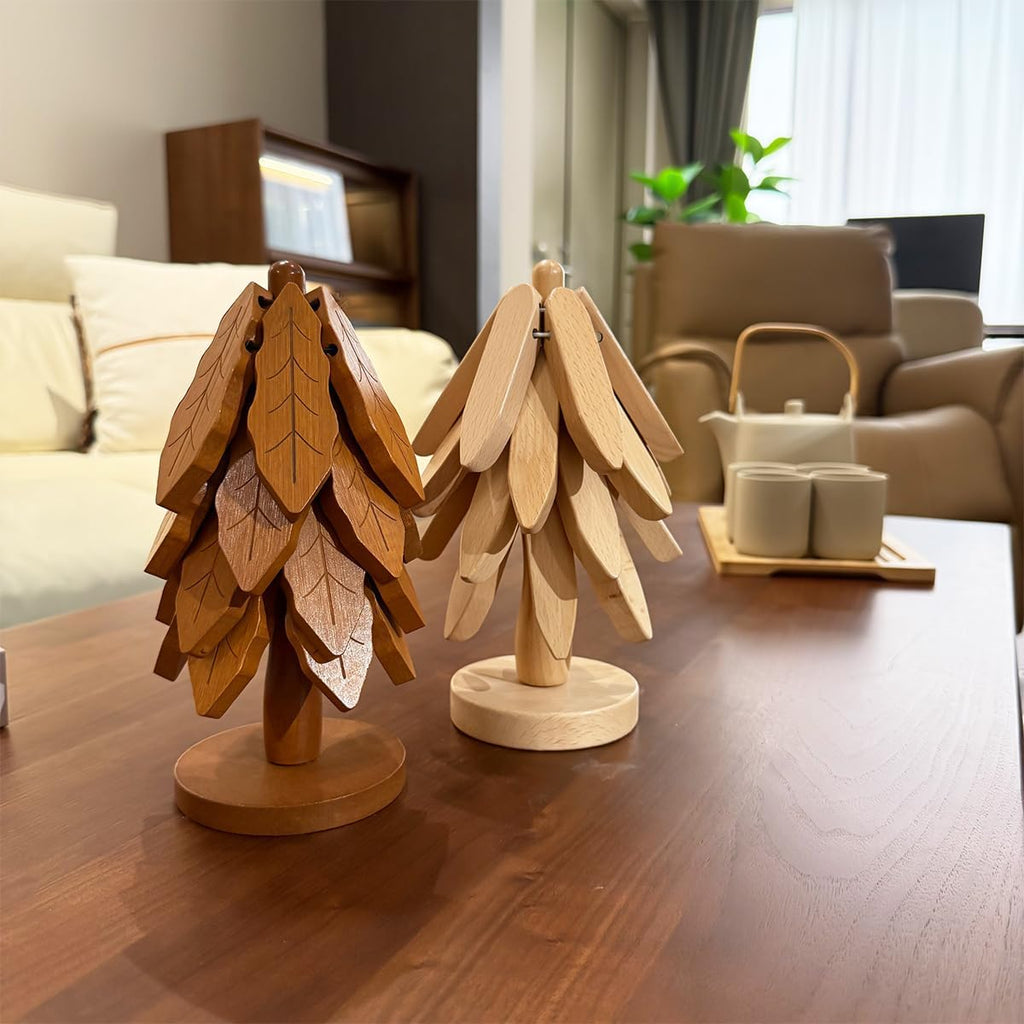 Creative Tree-Shaped Wooden Trivet - Foldable Dining Table Decor & Multi-Functional Heat Pad for Pots, Pans & Cups - Set of 4