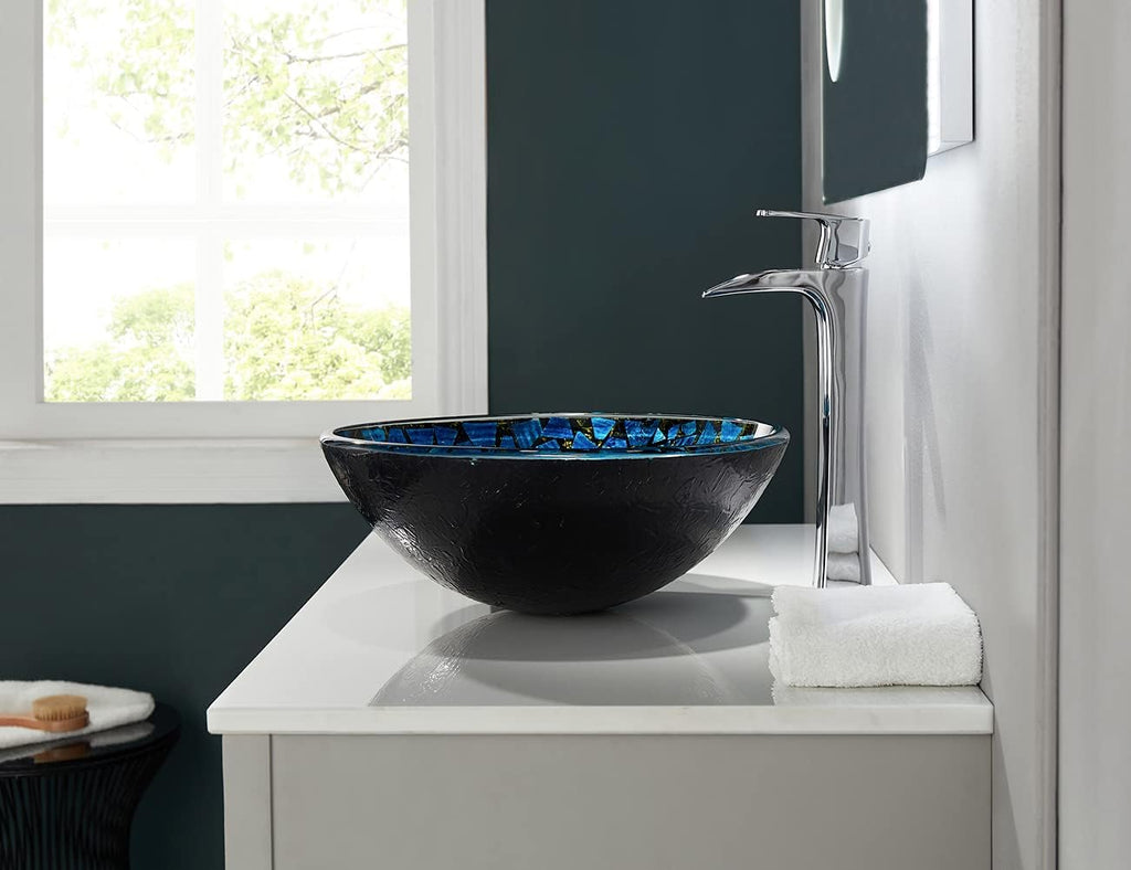 Hyacin Series Round Tempered Mosaic Deco Glass Vessel Bathroom Sink in Starry Blue | Top Mount Sinks Above Countertop
