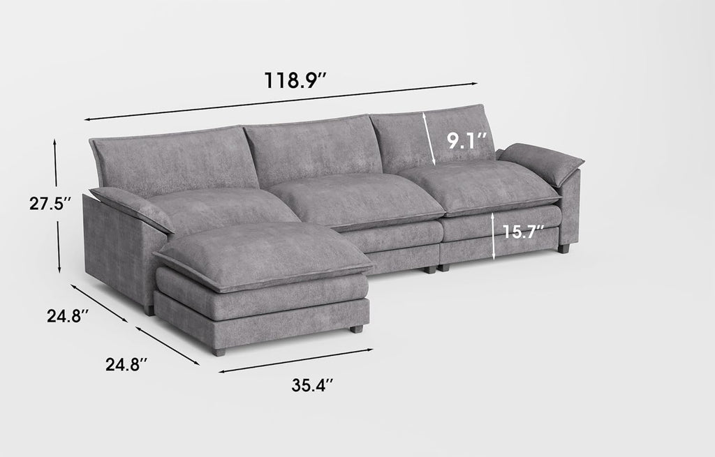 119” Sectional Sofa Modern Deep Couch with Reversible Ottoman