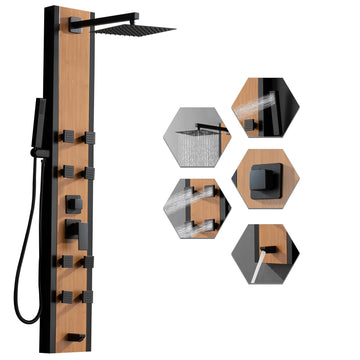 Stainless Steel Shower Panel Tower System Black and Bamboo 8 Jets
