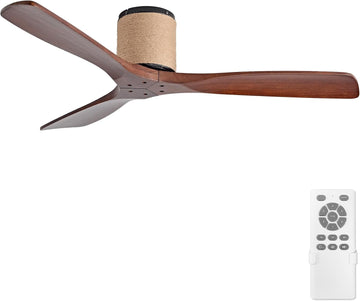 52" Low Profile Ceiling Fan No Light, Boho Farmhouse Flush Mount Ceiling Fan with Remote, Solid Wood Blades
