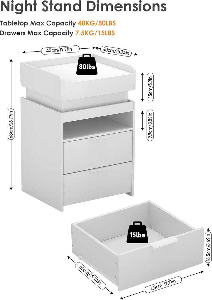 Night Stand with Gun Drawer, Modern Nightstand with Hidden Charging Station, LED Beside End Table with USB and Type-C