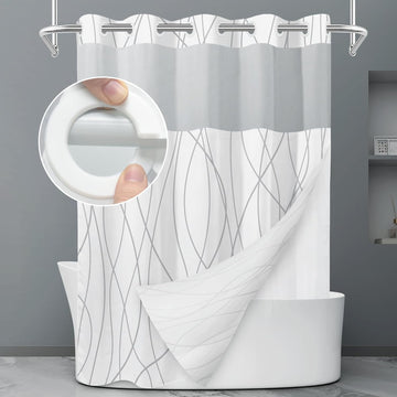 No Hook Grey White Striped Shower Curtain with Snap in Fabric Liner Set - Hotel Liner Set with See Through Mesh Top