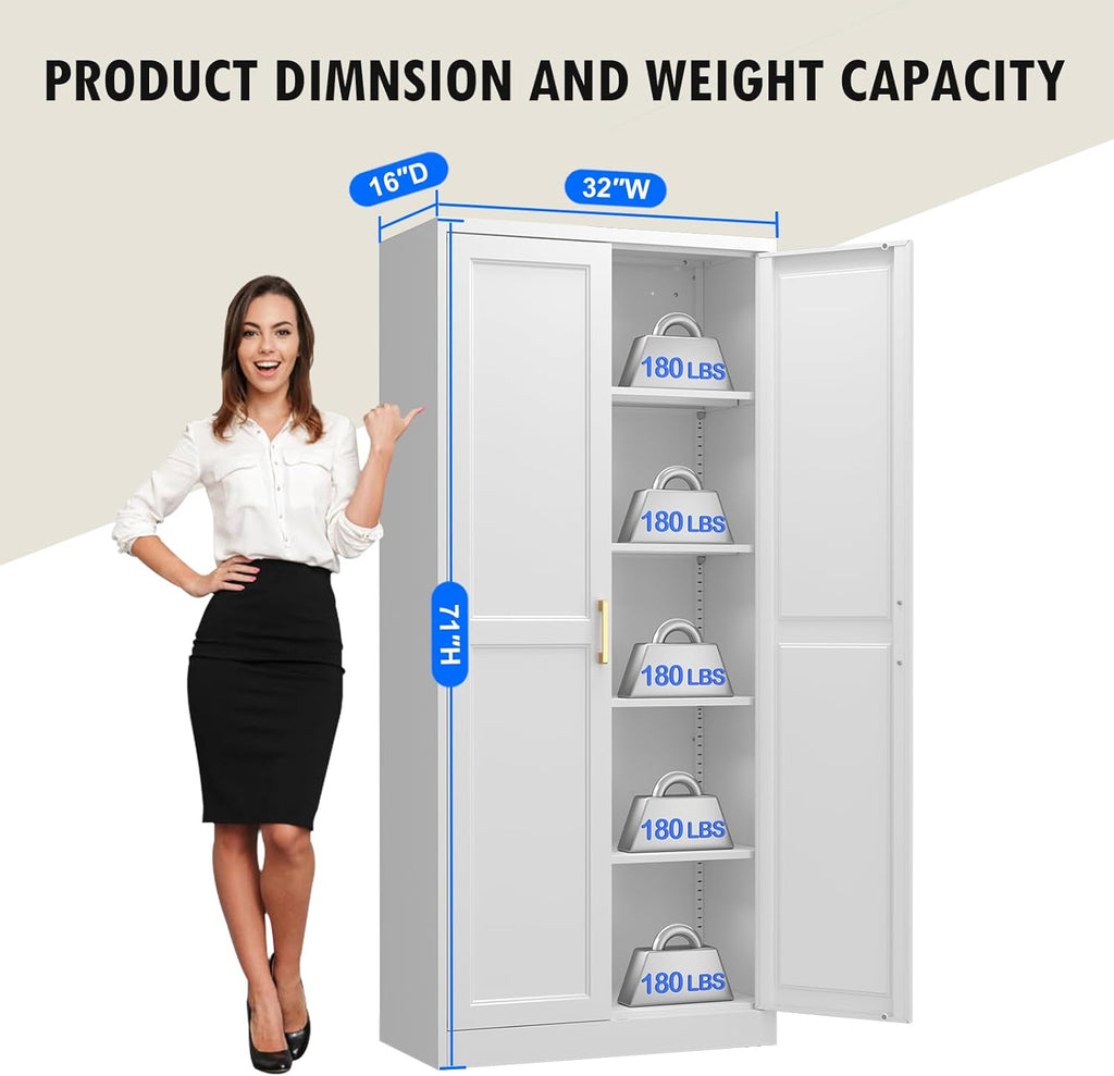 71" White Metal Kitchen Pantry Storage Cabinet with Doors and Shelves | Tall Freestanding Cupboard, 5-Tier Heavy