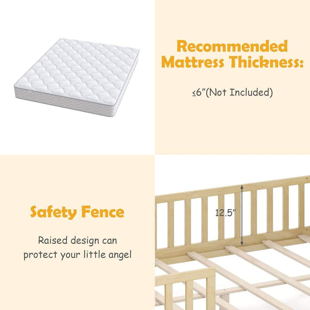 Full House Bed with Drawers, Wooden Full Size Bed Frame with Cube Storage & Fence Rails, Montessori Beds for Kids