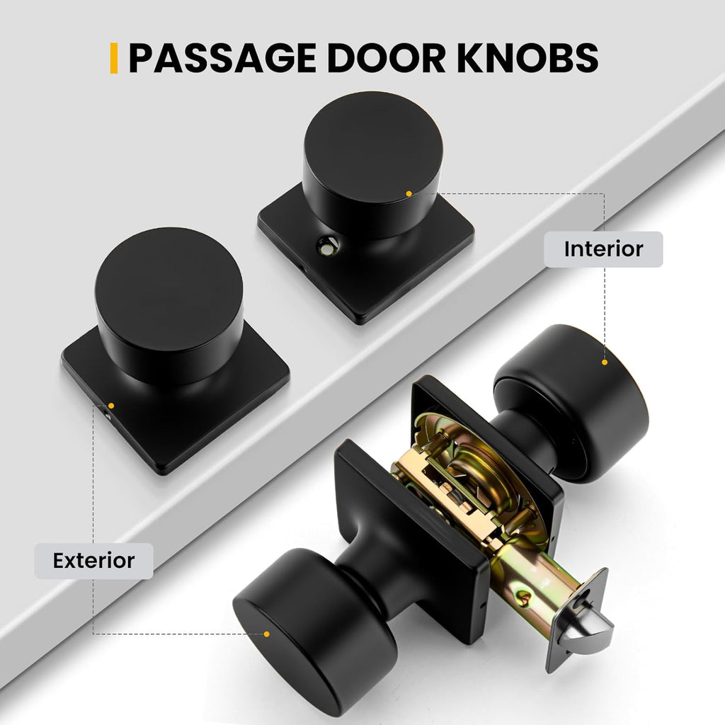 Matte Black Closet Door Knobs, Passage Door Knobs Interior Hallway, Black Closet Door Knob No Lock 6 Pack