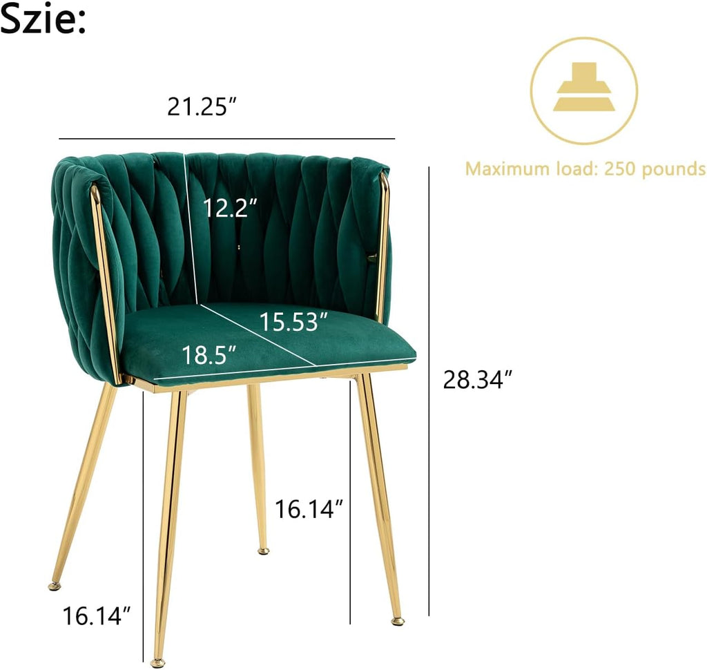 Woven Velvet Dining Chairs Set of 2, Upholstered Velvet Dining Chairs with Gold Metal Legs, Modern Style, Green