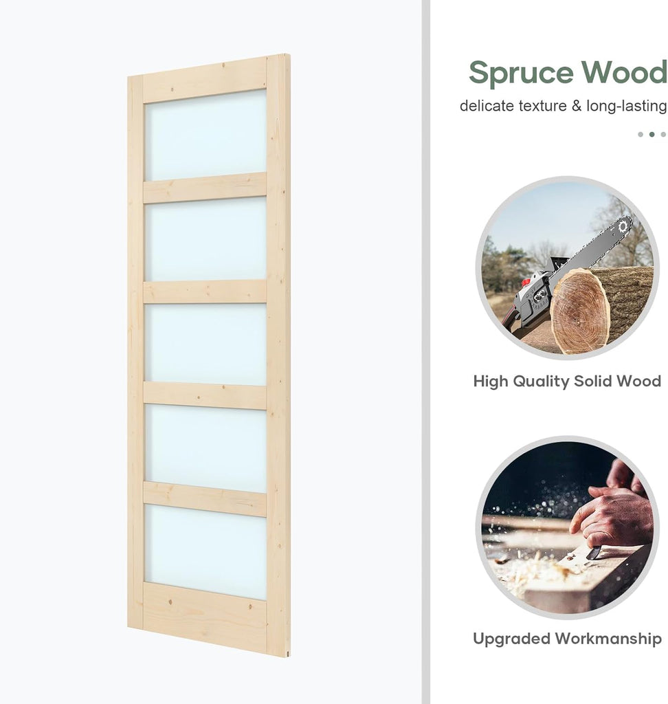 32x84 inch Glass Sliding Barn Door Slab with 5.5ft Hardware Kit Included, 5-Panel Frosted Glass, Spr