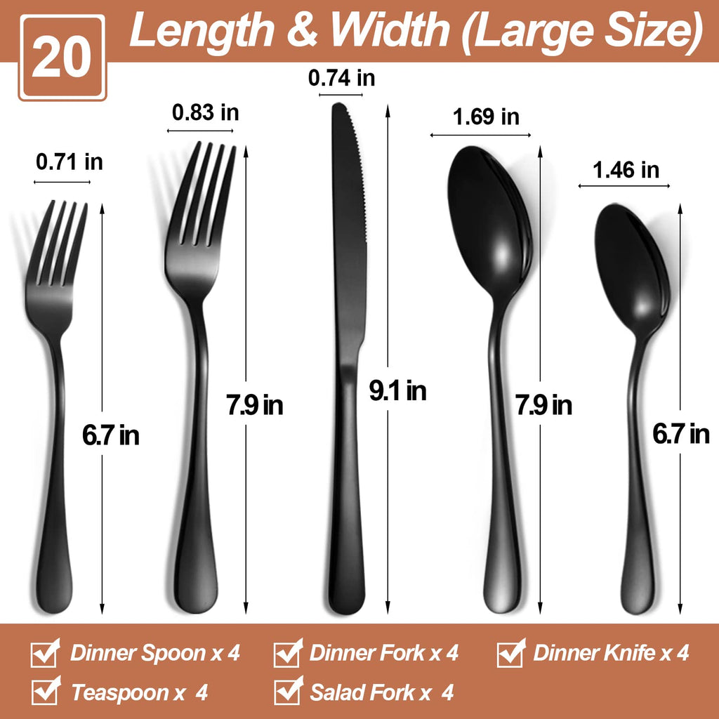 Black Silverware Set,20-Piece Stainless Steel Flatware Set for 4