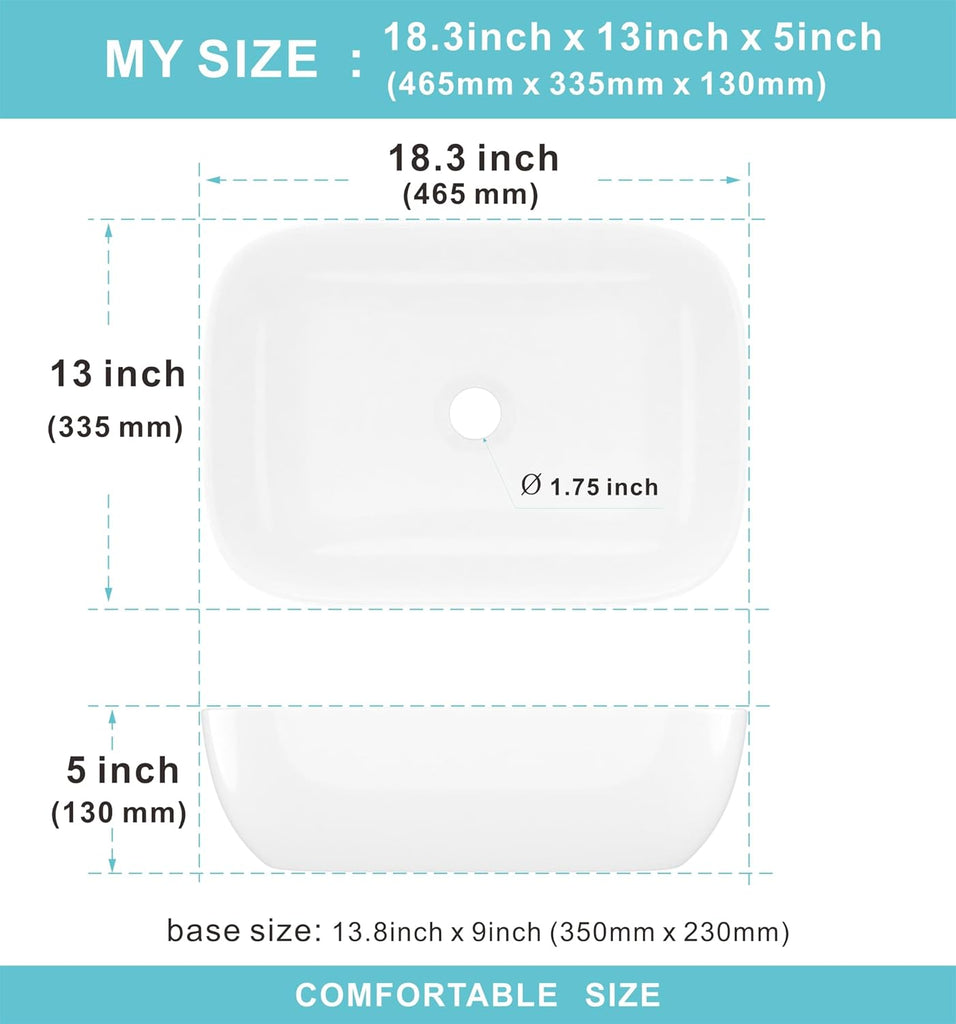 18.3'' x 13'' Bathroom Vessel Sink White Porcelain Ceramic Sink Bowl Above Counter Oval Wash Basin Vanity