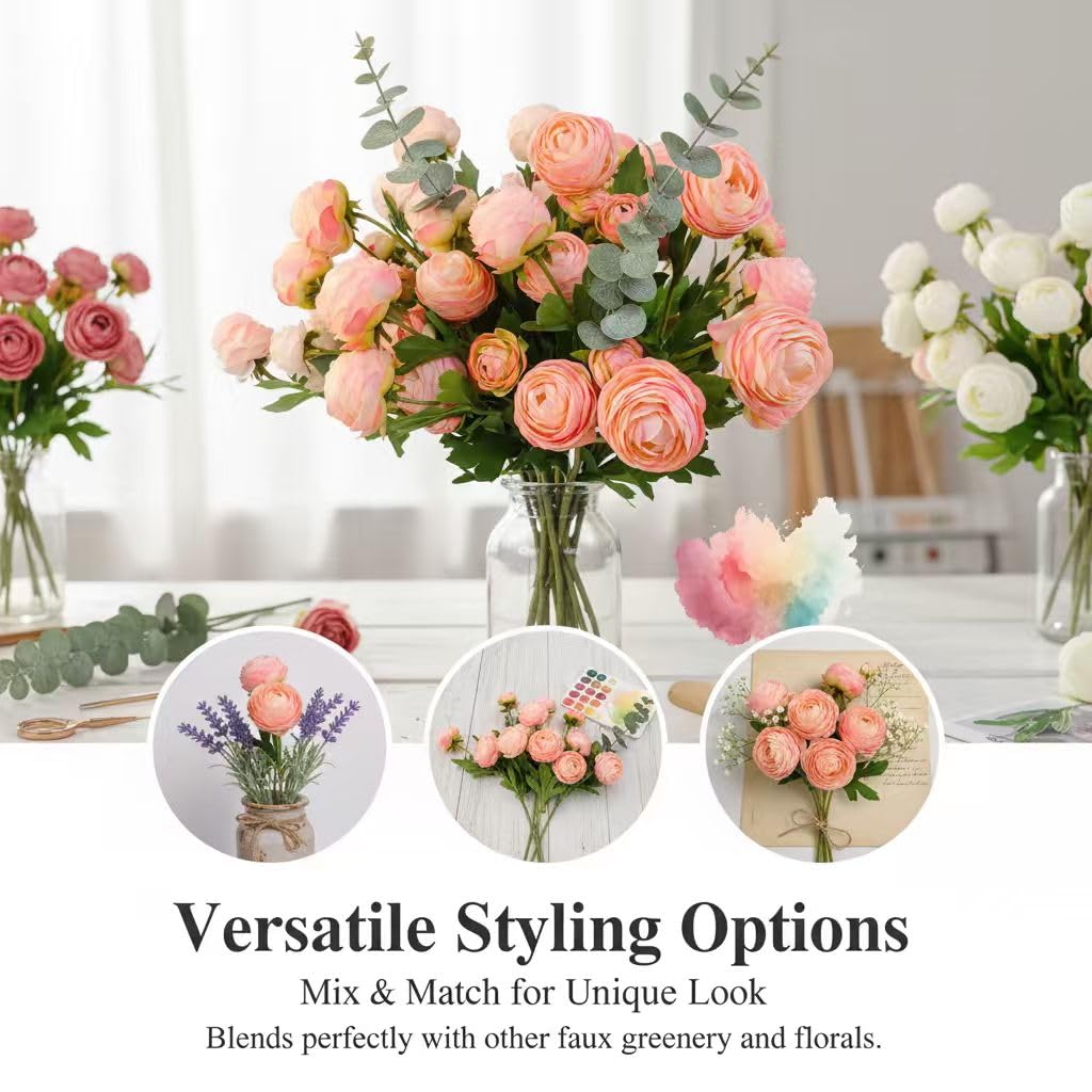 20 Stems Artificial Ranunculus Flowers, Faux Silk Blush Pink & Light Pink Bouquet, Realistic Fake Flowers for Vase