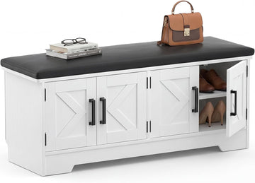 Farmhouse Shoe Storage Bench with Cushion - 43.3" Entryway Bench with Storage & 4 Barn Doors, 2-Tier Wooden Shoe Rack