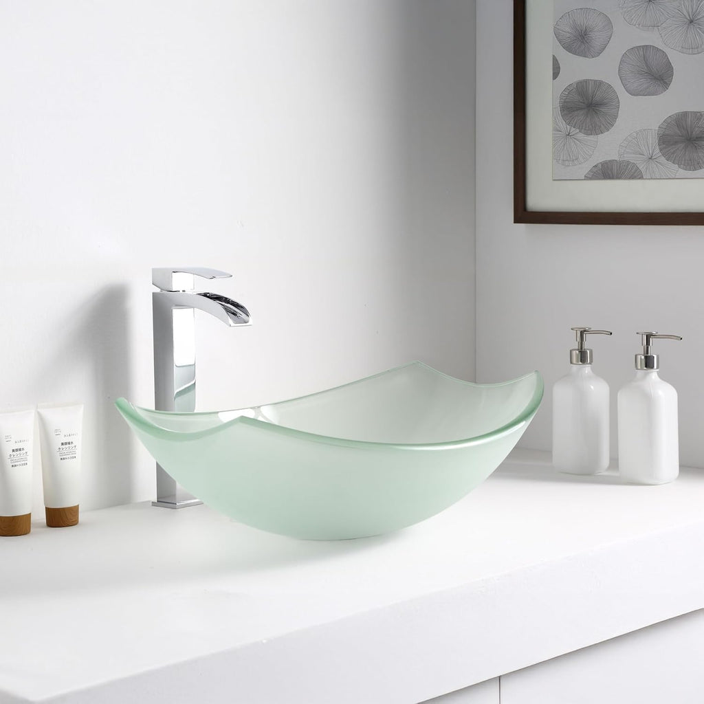 Pendant Modern Tempered Glass Vessel Bowl Sink in Lustrous Frosted, Top Mount Bathroom Sinks Above Counter