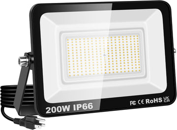 200W LED Flood Lights Outdoor,20000lm Exterior Security FloodLight with Plug, 6000K Work Light with IP66 Waterproof