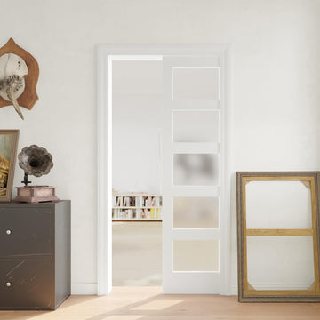 Pocket Door, 32" x 80" Concealed Sliding Closet Doors, 5 Lites Tempered Frosted Glass Pantry Doors, Interior Single