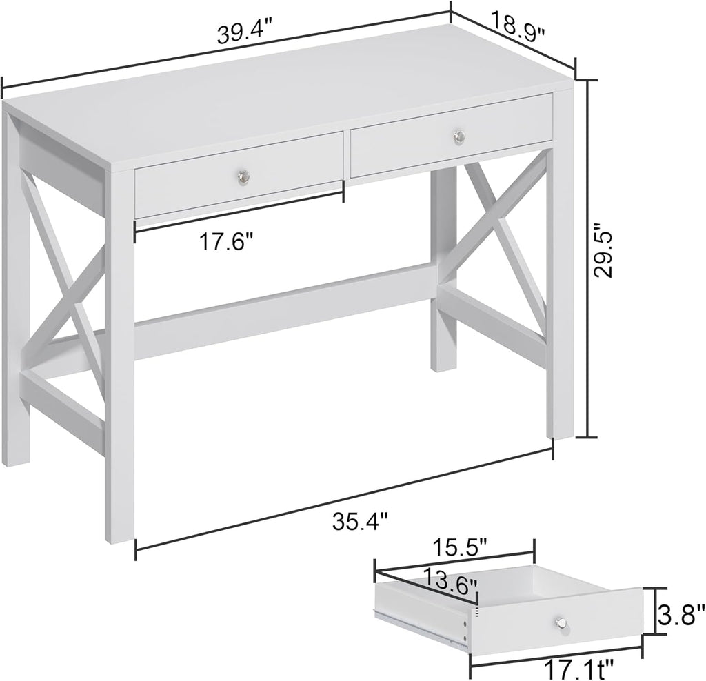 Computer Desk Study, Modern Simple 40 Inches Desk with Drawers, Makeup Vanity Console Table, White