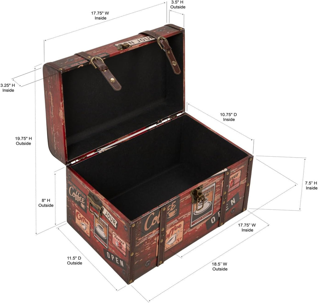 Medium Decorative Storage Trunk Faux Decoupage with Leather and Metal Accents, Antique Brown