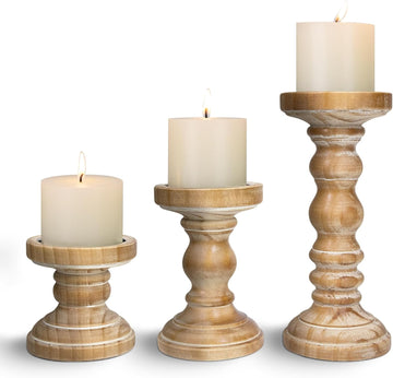 Candle Holder for Pillar Candle Set of 3, Farmhouse Wood Candle Holder, Rustic Wooden Candle Stand, Vintage Tall