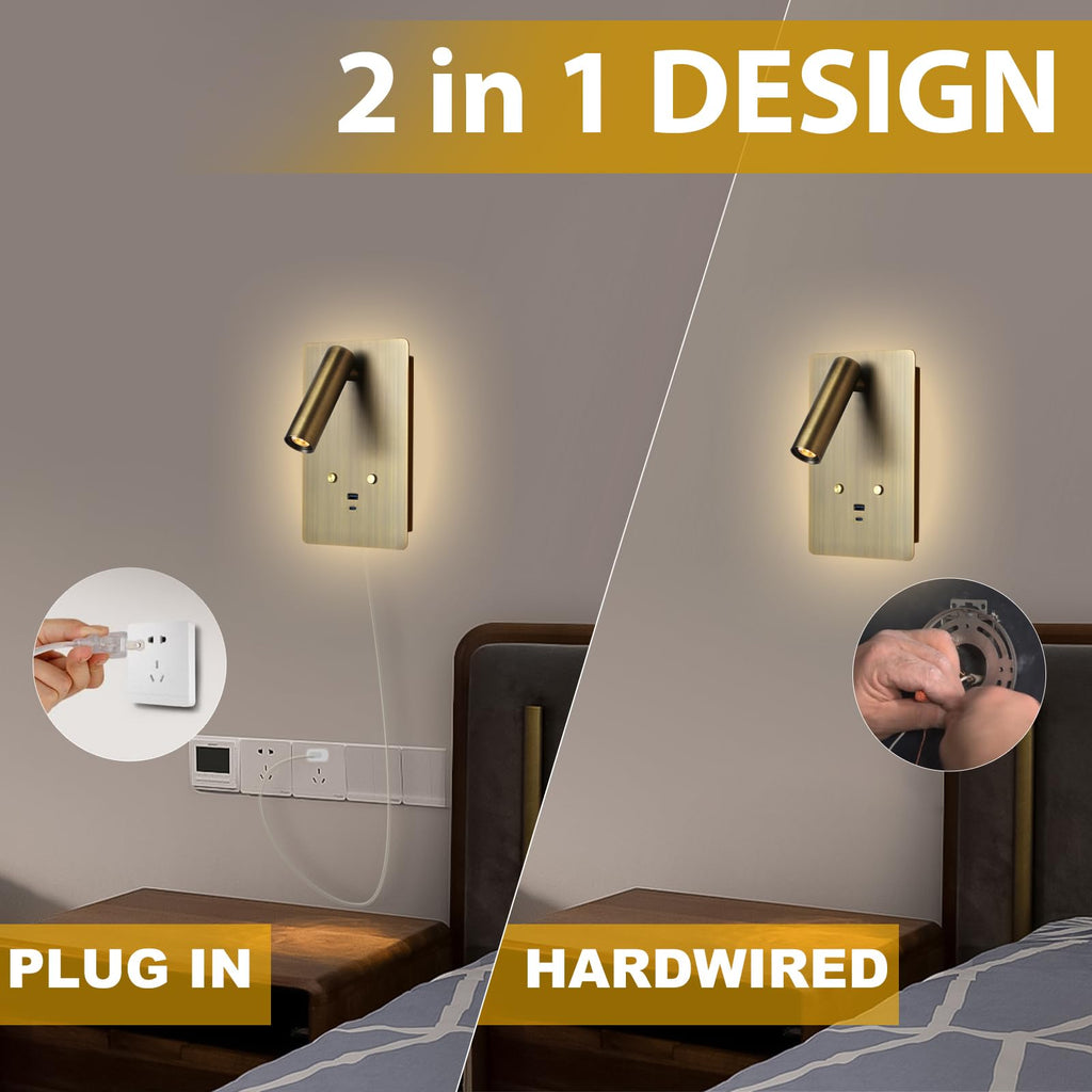 Wall Mounted Reading Light Set of 2,Dimmable Adjustable Headboard Plug in Wall Sconce with USB A+C Ports,Touch