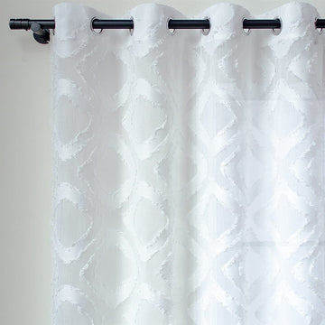 Shaggy Sheer White Curtains 84 inches Long, Diamond Patterned White Drapes Geometric Faux Linen Sheer Curtains