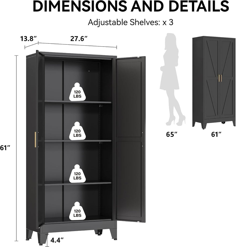 61" Metal Pantry Cabinet in Black, Modern Storage Cabinet with Adjustable Shelves, Sturdy Metal Cupboard Organization