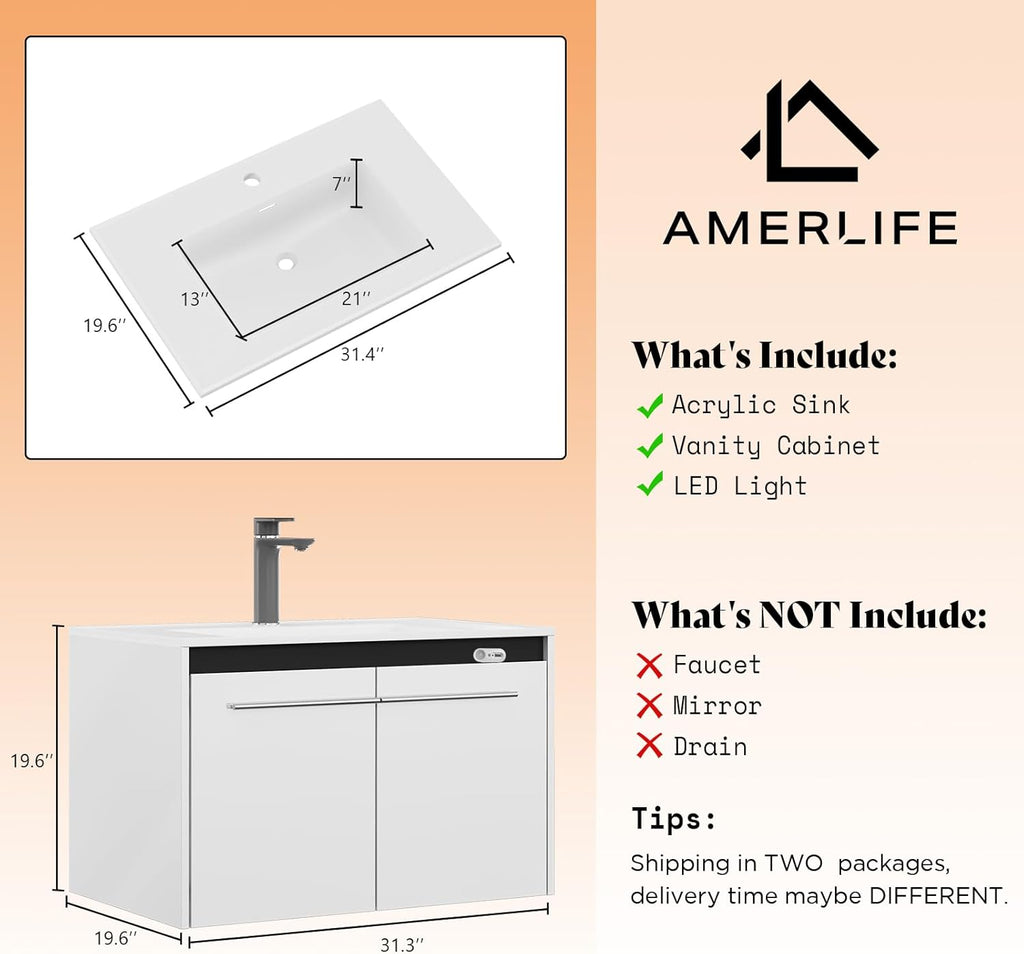 31" LED Floating Bathroom Vanity with Sink - Wall Mounted Modern Vanity with LED Lighting