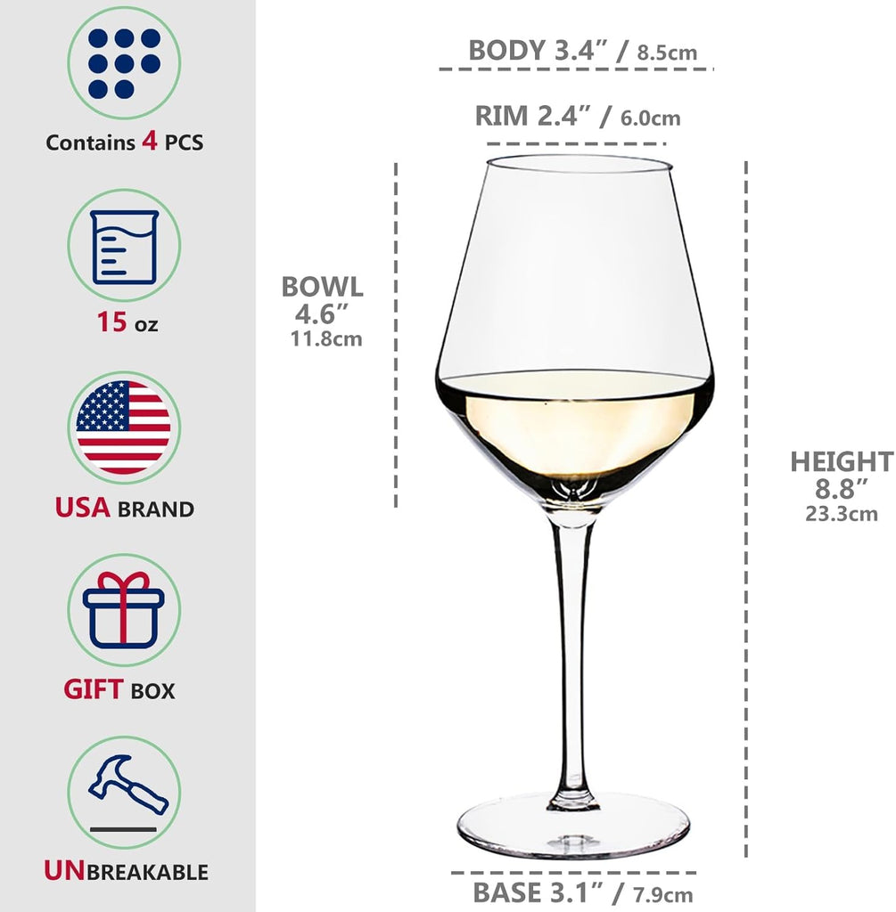 Plastic Wine Glasses Set of 4(15oz) | 100% Tritan & BPA Free | Unbreakable Wine Glasses with Stem | Dishwasher Safe |