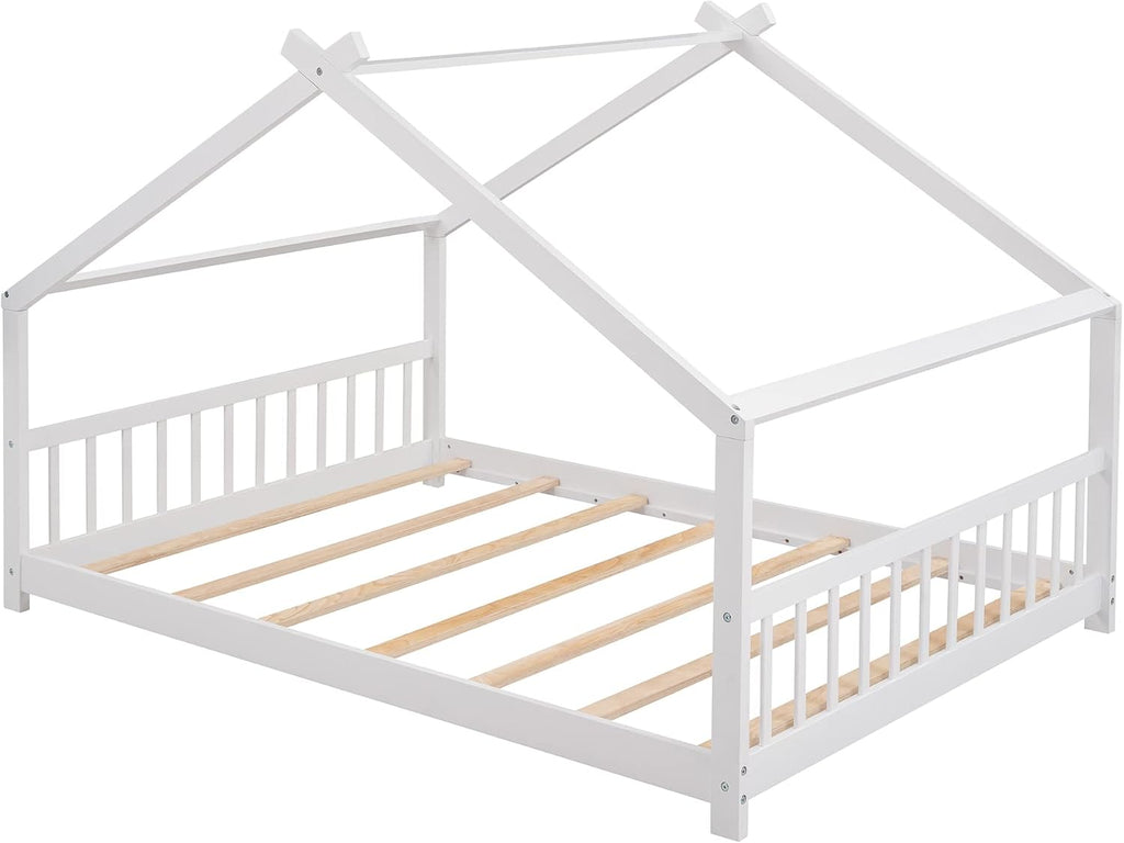 Full House Beds White Montessori Bed Wood Frame Kids Floor Bed with Headboard & Footboard for Children Boys Girls