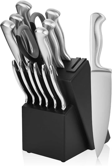 15-Piece Stainless Steel Chef Kitchen Knife Sets with Block & Built-In Sharpener, Professional Chef Knife Sets with
