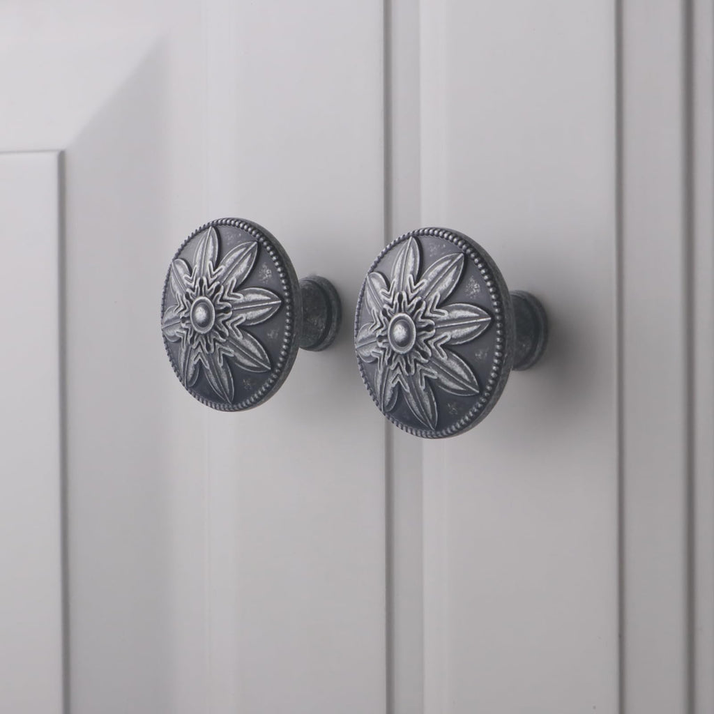 4 Pack Antique Silver Cabinet Knobs Vintage,1.4" Round Vintage Silver Kitchen Cabinet Handles for Cabinets and