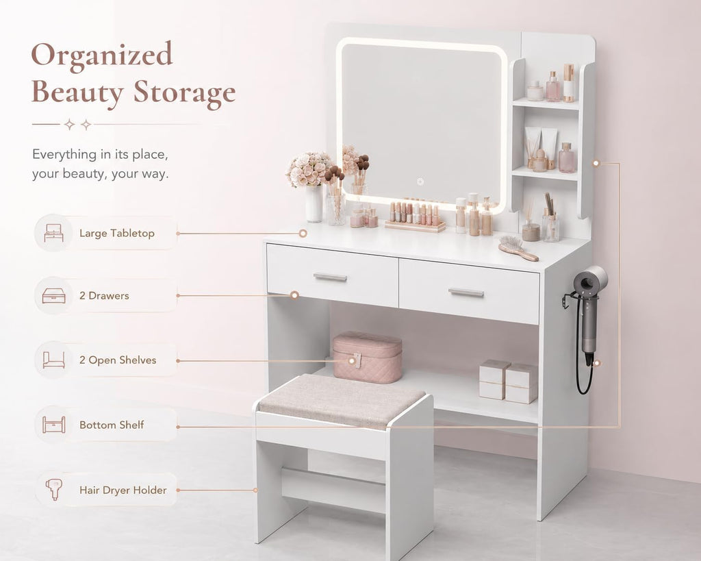 Makeup Vanity Desk with Lighted Mirror and Charging Station, White Vanity Table Set with Stool, 2 Drawers, 2 Shelves