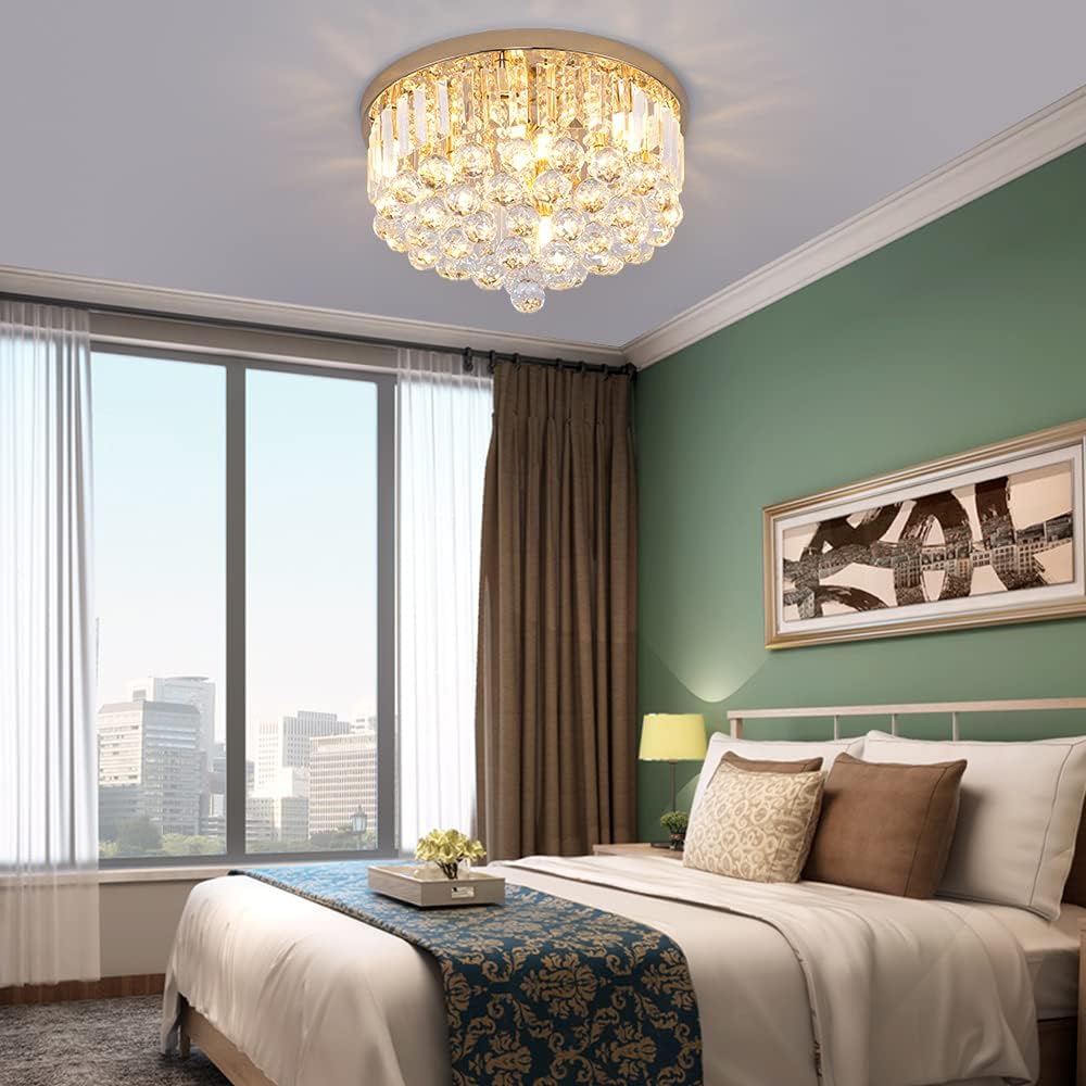Mini Crystal Chandelier Ceiling Light,Flush Mount Modern Round K9 Crystal Raindrop Ceiling Lighting Fixture for