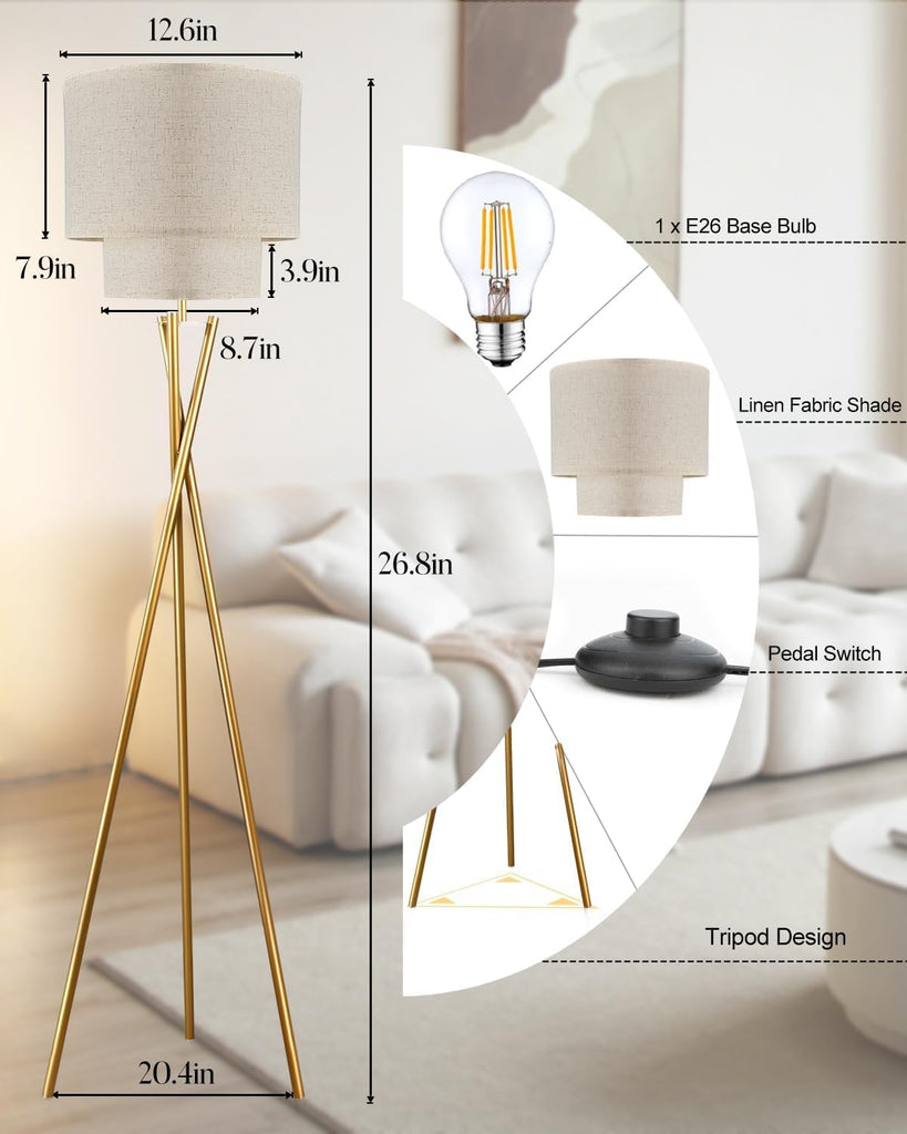 Tripod Floor Lamp, Modern Floor Lamps, Standing Lamp with Dual Drum, E26 Bulb Included, 67.7" Tall Floor Lamp