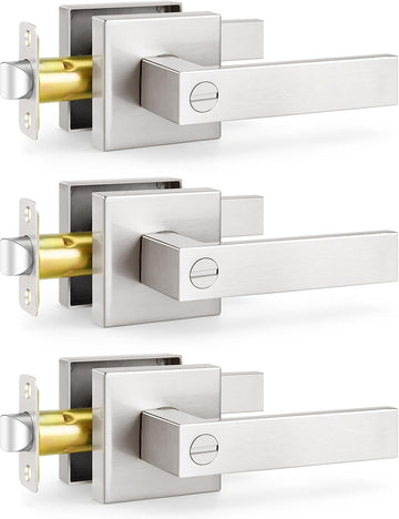 3 Pack Privacy Square Brushed Nickel Door Handles, Interior Keyless Door Knobs /Bathroom, Reversible for Left & Right
