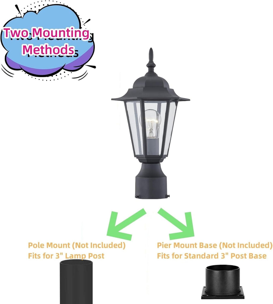 Outdoor Post Light, Pole Lantern, E26 Base 60W Max, Aluminum Housing Plus Glass, Wet Location Rated, ETL Qualified