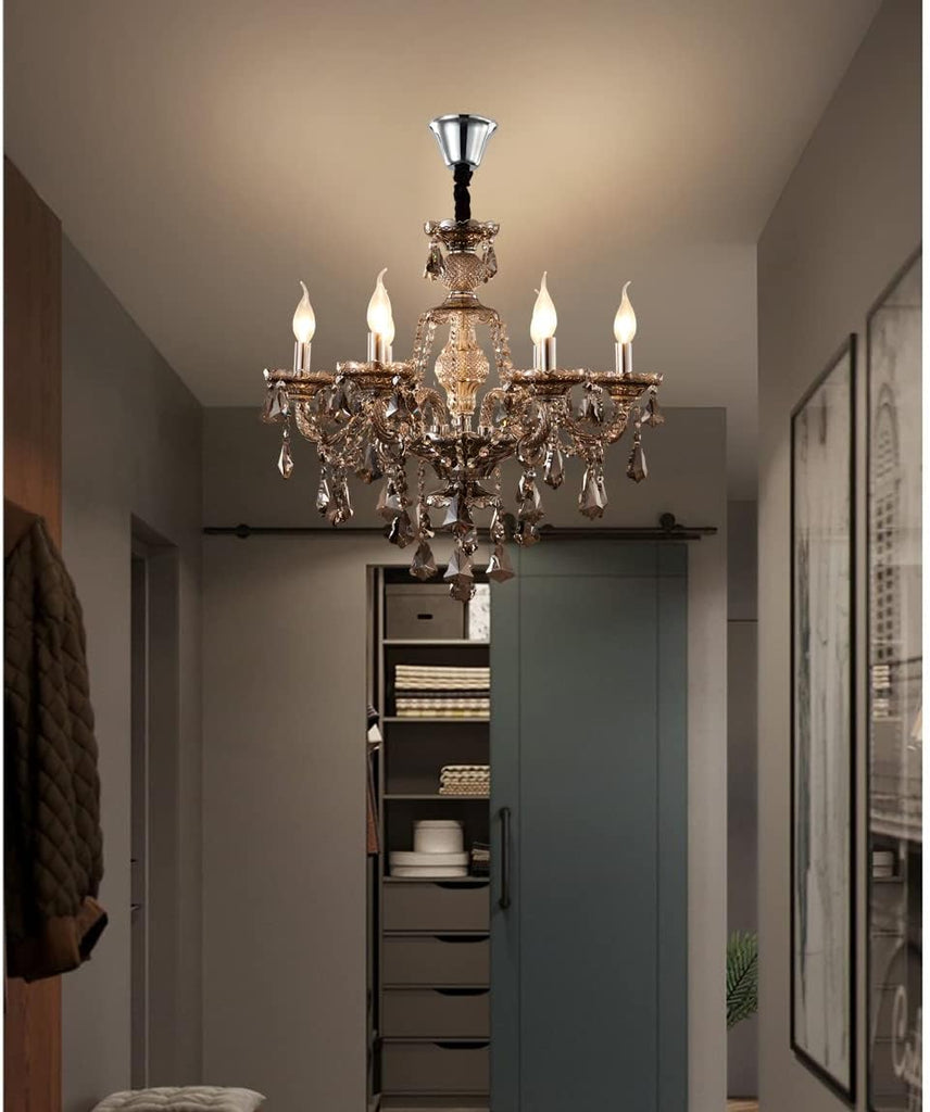 Modern Crystal Chandelier 6 Light Smoke Gray Crystal Chandelier Lighting Ceiling Hanging Crystal Light Fixtures for Living Room Dining Room Bedroom