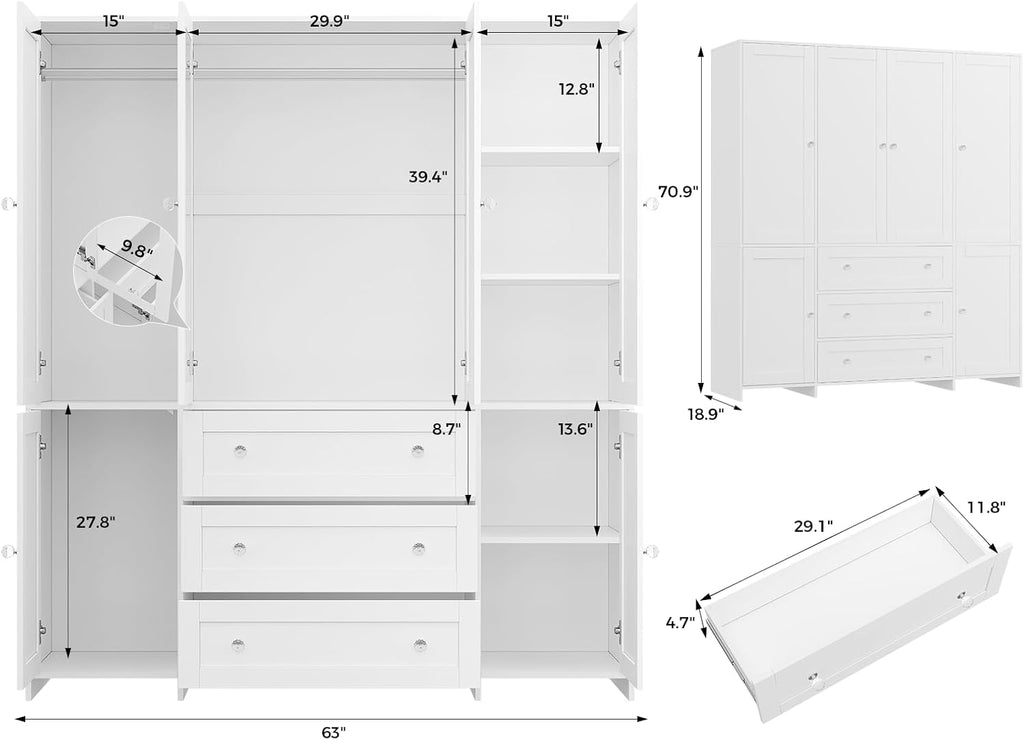 71" Armoire Wardrobe Closet with Drawers and Mirror, 6 Doors | Clothing Storage Cabinet with Hanging Rod, Wardrobe