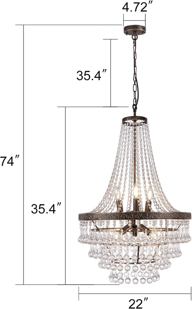 French Empire Crystal Chandelier Lighting Antique Bronze, 6-Light French Country Foyer Chandelier Pendant, Hanging Ceiling Lighting Fixture for Dining Room, 22" Dia x 35" H
