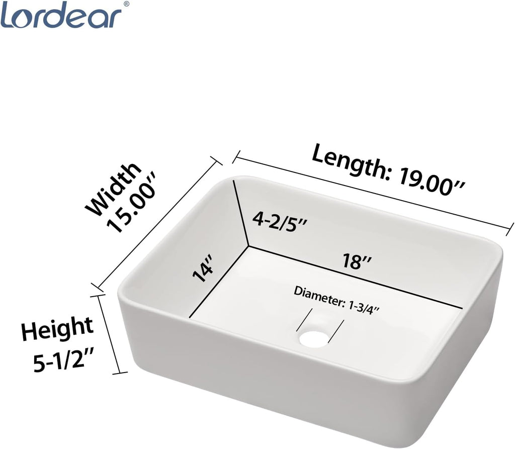 Vessel Sink Rectangle 19 Inch Bathroom Sink, Rectangular Modern Above Counter Bathroom Sinks White 19x15 Inch Porcelain Ceramic Vessel
