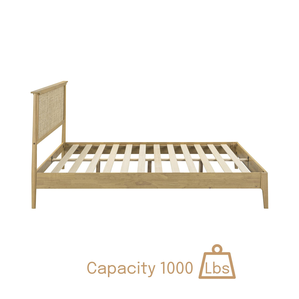 Ruby Wooden Bed Frame with Headboard and Natural Rattan, Solid Oak Foundation with Silent Slats, 1000 Lb Capacity