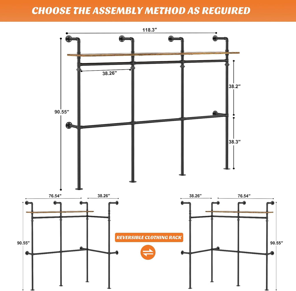 Industrial Pipe Clothing Rack, Reversible 118.3'' Clothes Rack for Hanging Clothes, Heavy Duty Garment Rack Closet