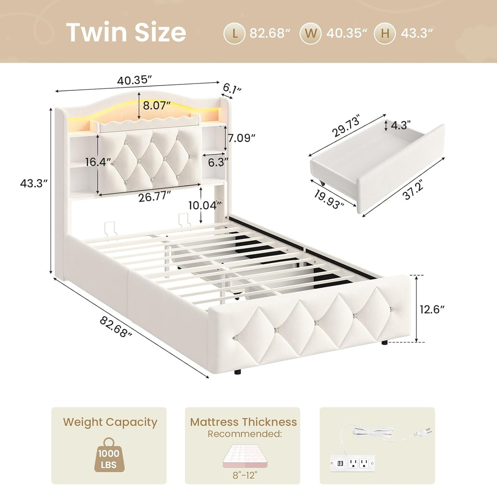 Twin Size Bed Frame for Kids with Storage Drawers, Bookcase Headboard, LED Lights and Power Outlets, Diamond Tufted