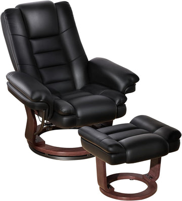 Modern Reclining Swivel Lounge Chair and Ottoman — Black PU Leather