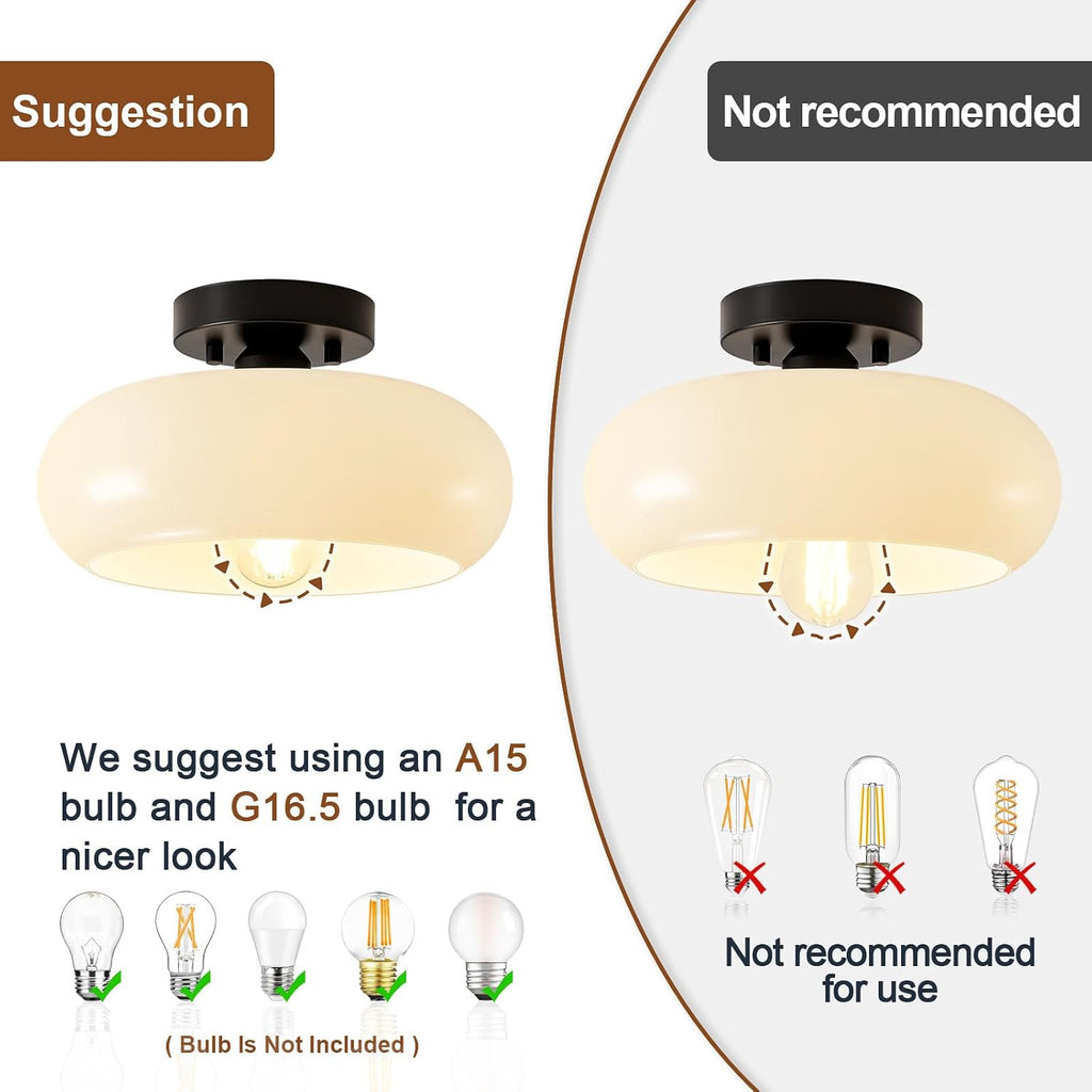 Mid-Century Modern Black Semi Flush Ceiling Light 11.0 Inch | Small White Glass Shade Close to Ceiling Lighting