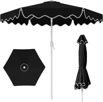 Patio Umbrella with Wavy Trim, UV-Fade-Resistant Canopy, Crank & Tilt - Black 7.5ft