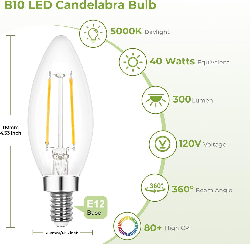 E12 LED Candelabra Bulb 40 Watt Equivalent, Dimmable Chandelier Light Bulbs 5000K Daylight, B10 Candle Bulbs for Chandelier, 3W, 300LM, 6 Pack