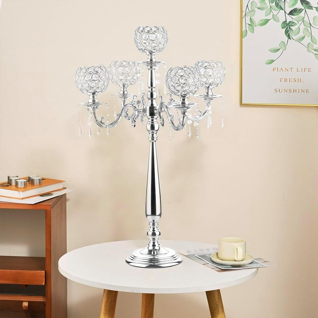 4Sets 5 Arm Crystal Candelabra Centerpieces,29.5Inches Tall Silver Metal Candlestick Holders with 5 Flower Bowl Holdern